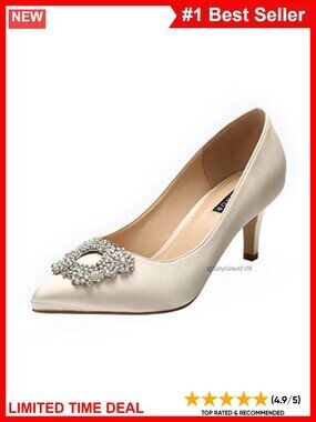 Womens Low Heel Pointed Toe Satin Pumps with Rhinestone Brooch